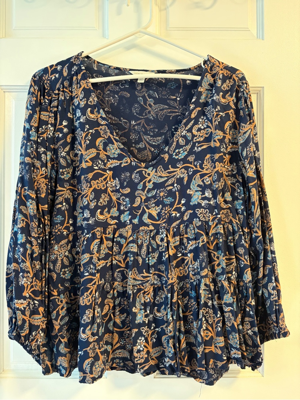 Lucky Brand Navy Floral V-Neck Peplum Blouse